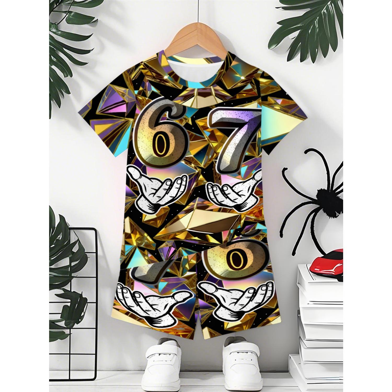 

Boys and Girls Color Number 67 Set: Two piece jacket, graffiti style short sleeved and shorts, suitable for outdoor wear 5-6 Years