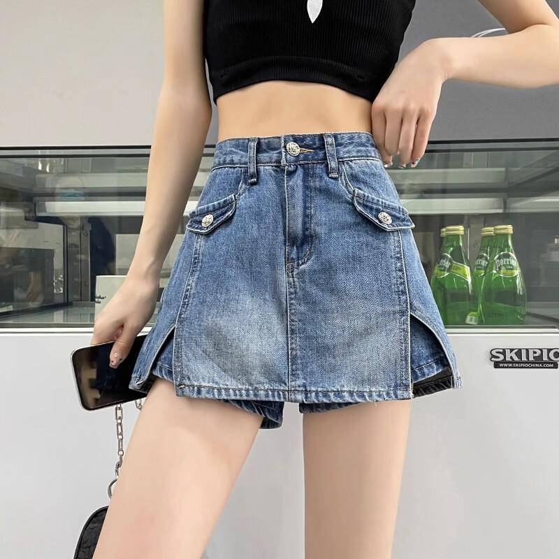 High Waist Denim Shorts Women Vintage Style Wide Leg Cropped Pants Slim Fit Casual Wear