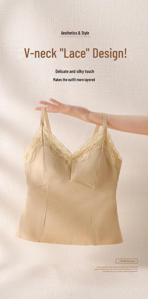 White-Enhancing V-Neck Lace Warm Camisole with Chest Pads - Women's Autumn/Winter Base Layer