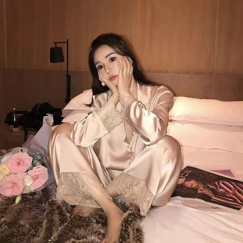 Women's Spring/Autumn Ice Silk Pajama Set - Long Sleeve, Long Pants, Cardigan, Sweet Homewear Style, Two-Piece.