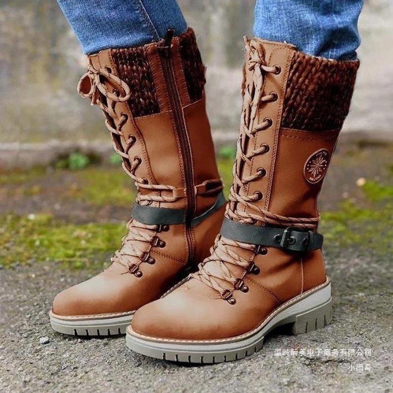 European and American Foreign  New Front Lace-up Middle Tube Square Heel Round Head Knight Boots Women's Cross-border Belt Buckle Thick Bottom Thin