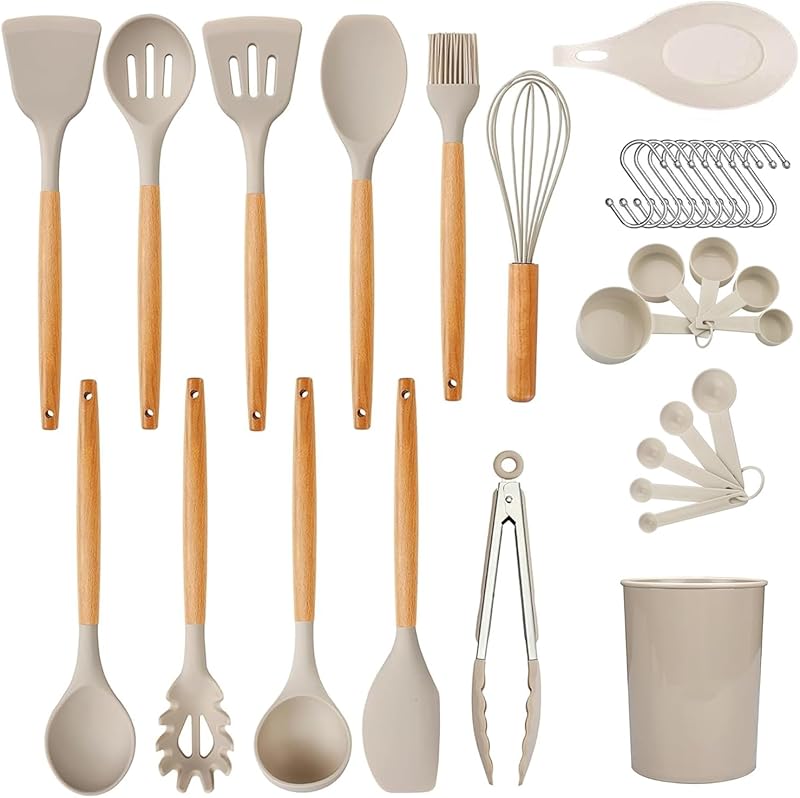 Cooking Utensil Set - 33 Piece Non-Stick Silicone Kitchen Utensil Kit with Wooden Handle, Bating Brush, Egg Beater, Tongs.