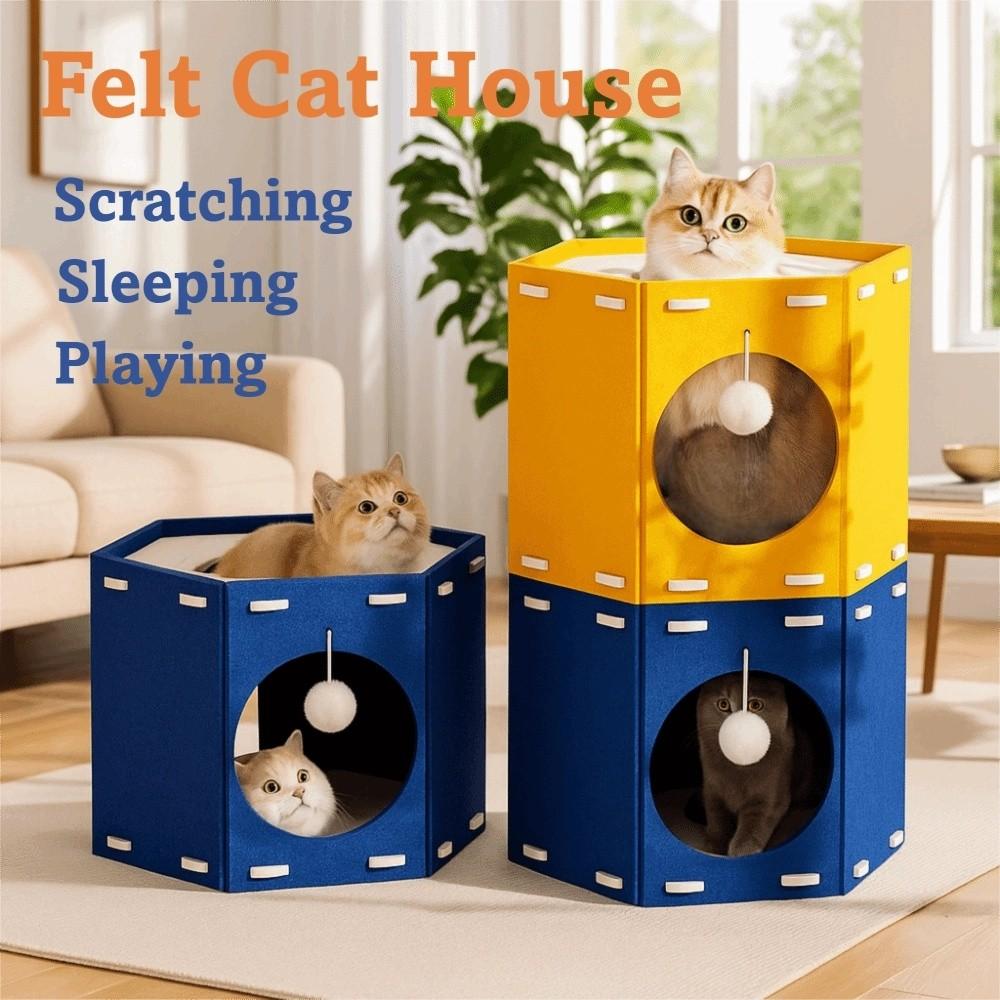 Japanese Style All-in-one Cat House Hole Design Stackable Cat Castle House Sturdy Hexagon Cat Condo Four Seasons