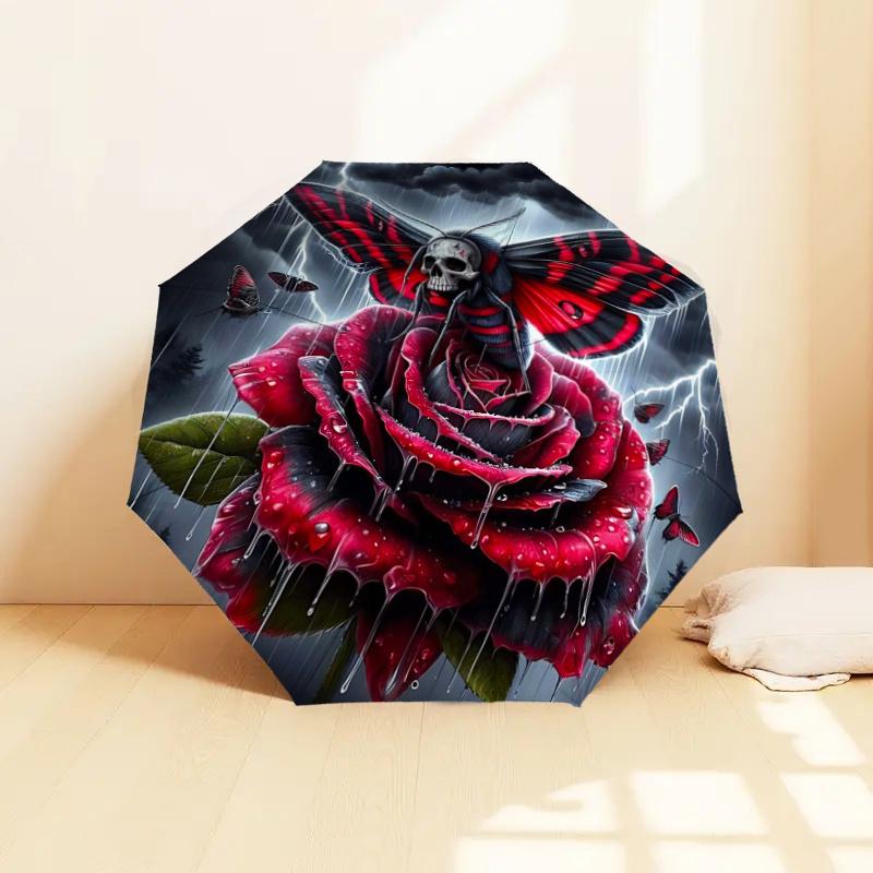 Red Rose Moth Automatic Folding Umbrella: Stylish Design with 8-Bone Frame, Perfect for Travelers and Daily Use - Ideal Gift for Fans and Oc