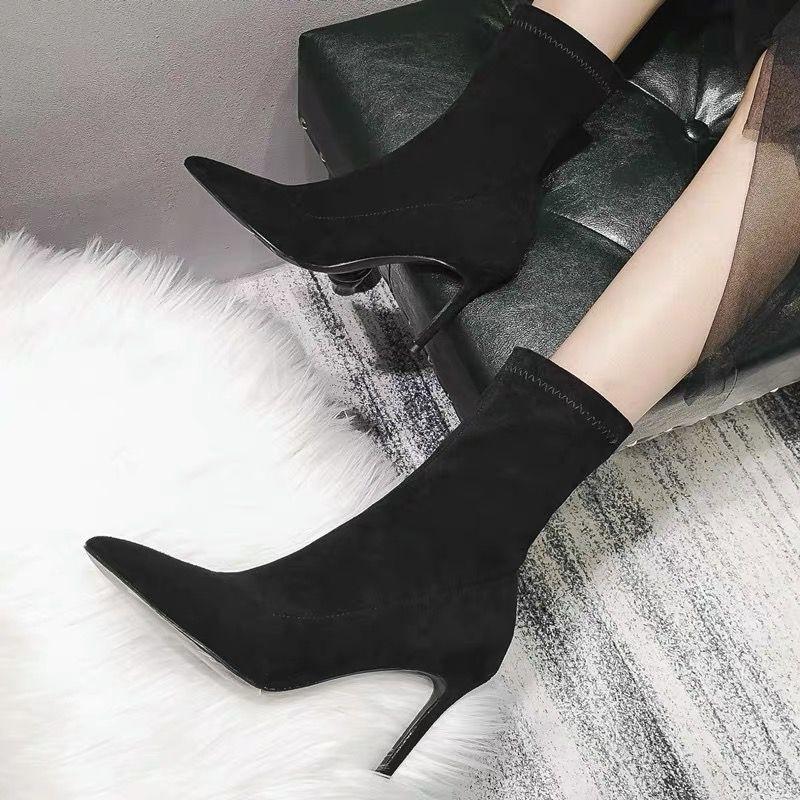 Fashion Women's Black New Booties Mid-tube High-heeled Boots Autumn and Winter 2025 Versatile Suede Pointed Toe Stretch Stiletto Heel