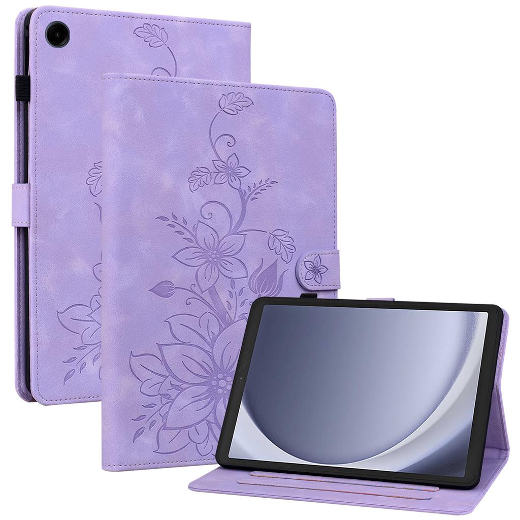For Samsung Galaxy Tab A9 Protective Case Lily Flower Imprint PU Leather Tablet Case with Card Slots