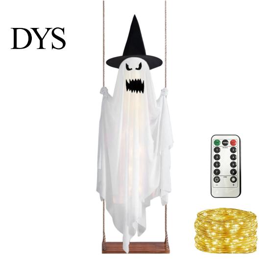 Swinging Ghost for Patio Trees Luminous Halloween Hanging Swing with Witch Hat, Remote-controlled Adjustable Outdoor Party Brightness, Flying Ornament