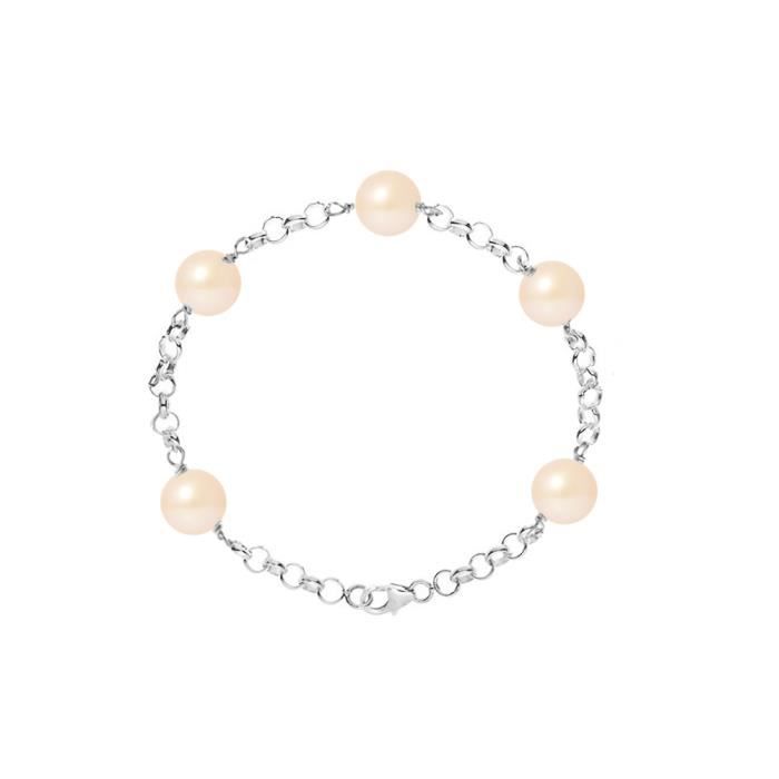 PERLINEA - Bracelet - 5 Genuine Round Freshwater Cultured Pearls 9-10 mm Pink - 925 Sterling Silver - Womens Jewelry