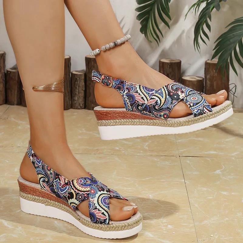 Fashion Fashion Printed Wedge Sandals for Women Summer 2025 Lightweight Buckle Strap Platform Sandles Woman Comfort Non Slip Beach Shoes
