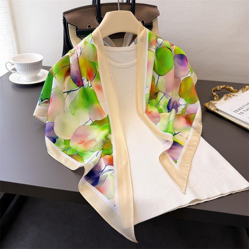 Colorful Leaf Triangle Scarf Simulation Silk Printing Sunscreen Shawl Waist Scarf Silk Scarf Scarf Headscarf Women
