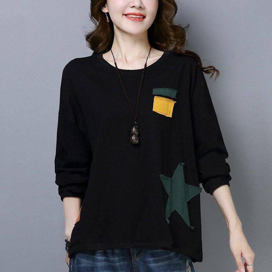 New Cotton Long Sleeve Loose Casual Art T-Shirt for Women Spring Clothes Crew Neck Sweatshirt Korean Style Plus Size