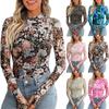 Women's Semi High Neck Long Sleeved T-shirt Sexy Y2K Mesh Printed Top Shirt