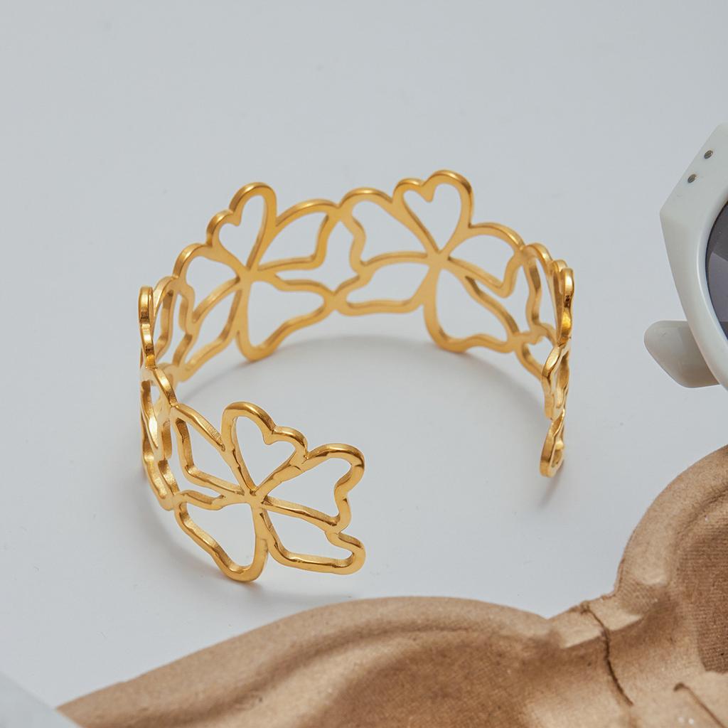Youthway Metal Flower Skeleton Cuff Open Bracelet 18K Gold Color Waterproof Minimalist Stainless Steel Wrist Jewelry