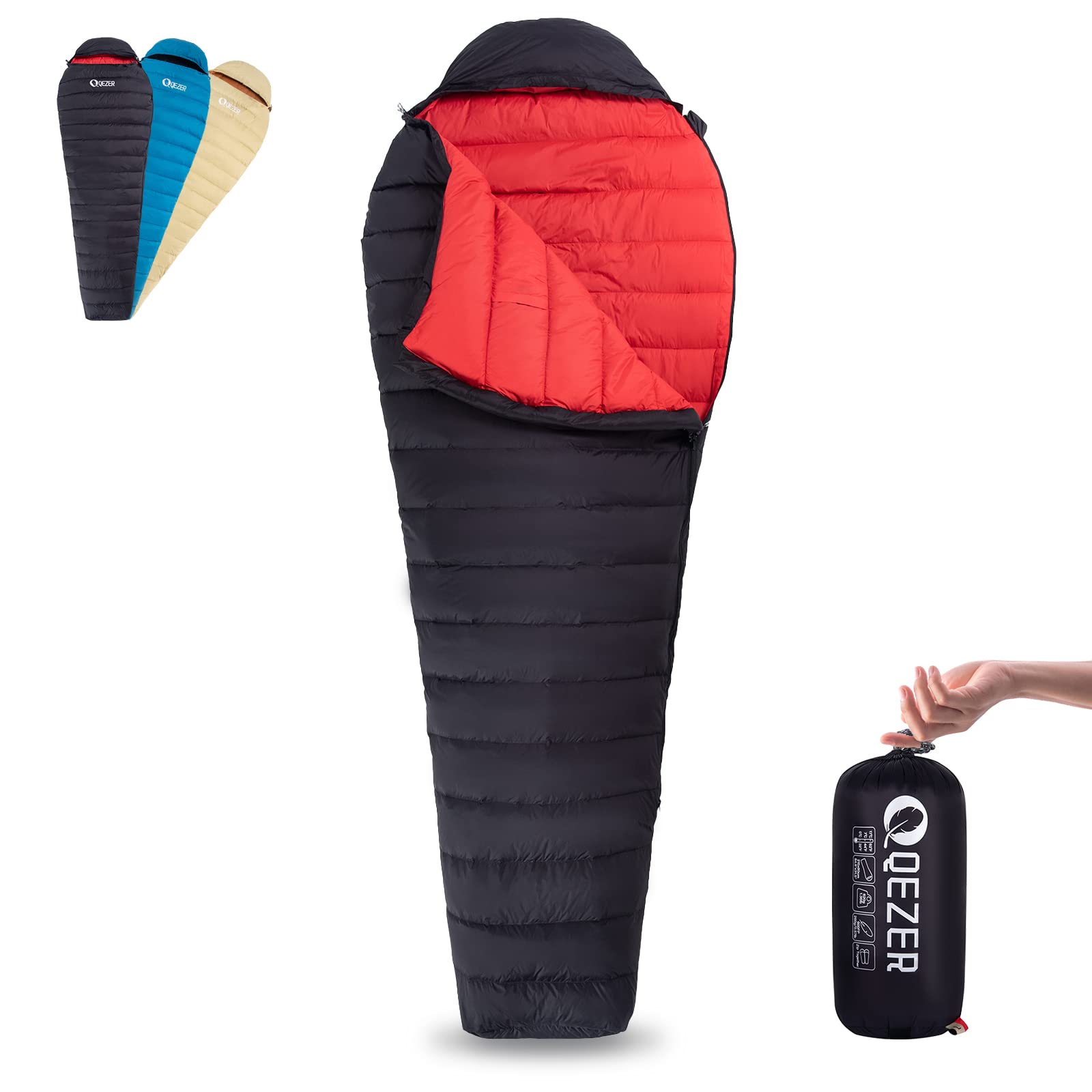

QEZER Down Mummy Sleeping Bag - Ultralight, Compact, -18°C to 20°C, 600FP, All-Season, Camping, Hiking, Car Camping, Emergency Use, Outdoor Sleeping B