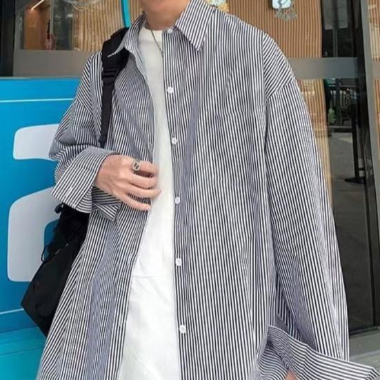 Lapel Long Sleeve Patch Pocket Single-breasted Men Shirt Autumn Loose Fit Striped Print Shirt Coat