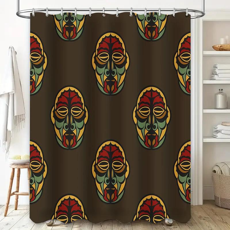 Vintage Tribal Mask Shower Curtain Waterproof Home Decor Bathroom Liner Dark Green Red Yellow Black Colorful Design 69x72 Inch