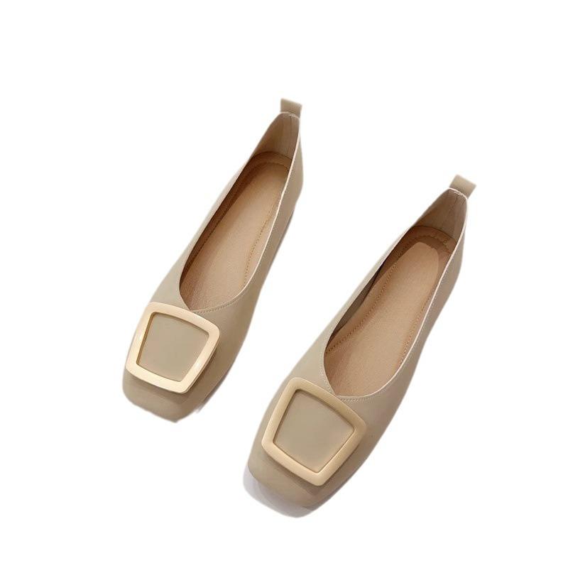Spring and summer new shoes soft leather square head thick heel shallow mouth versatile low heel single shoes women apricot one pedal