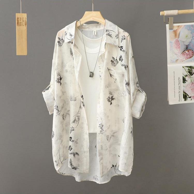 Summer Anti Wrinkle and Drooping Ink Painting Printed and Dyed Shirt Loose Long Sleeved Collar Thin Shirt Sun Protection Clothing