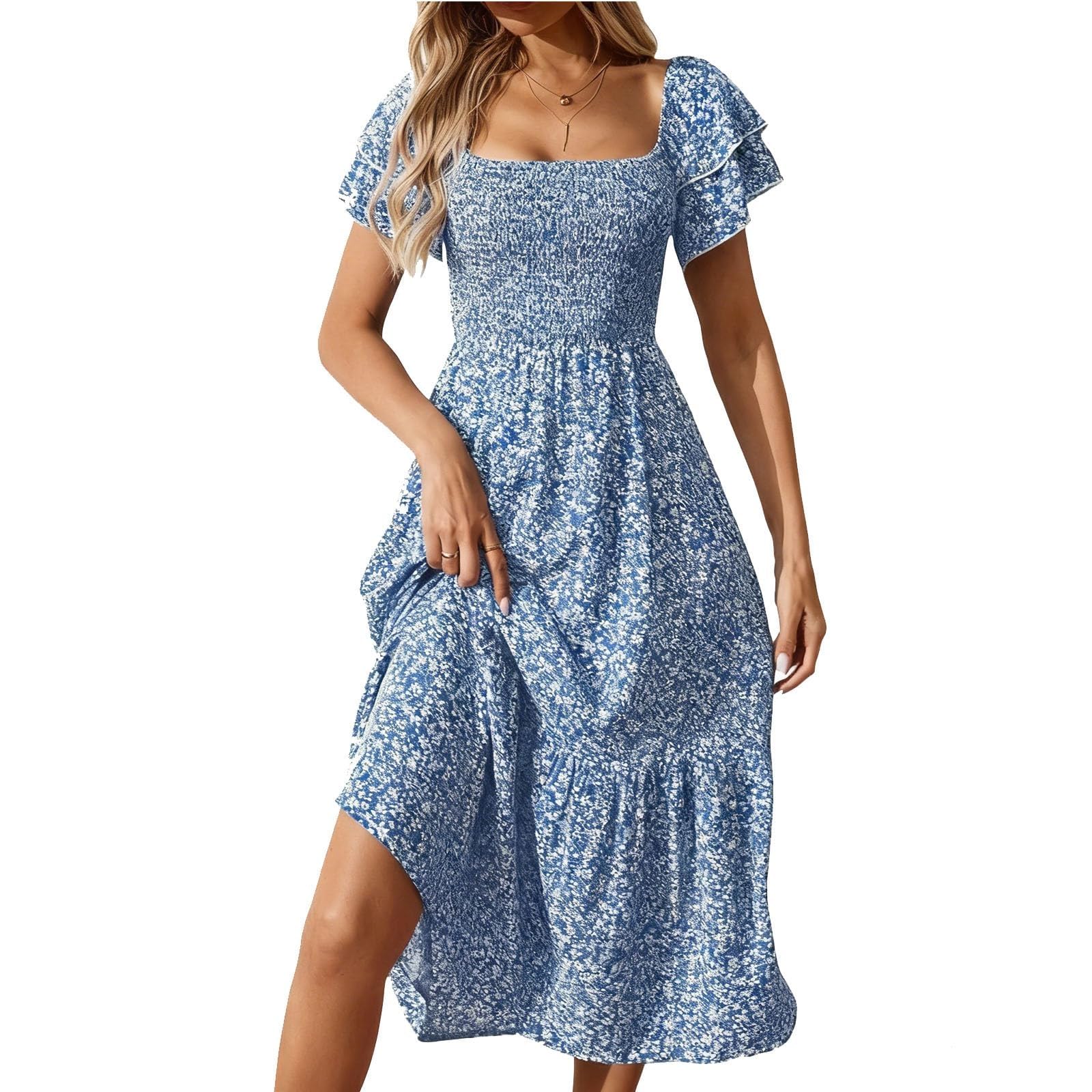 Fashionable Women s Square Neck Puff Sleeve Floral Dress Long Skirt XXL синий