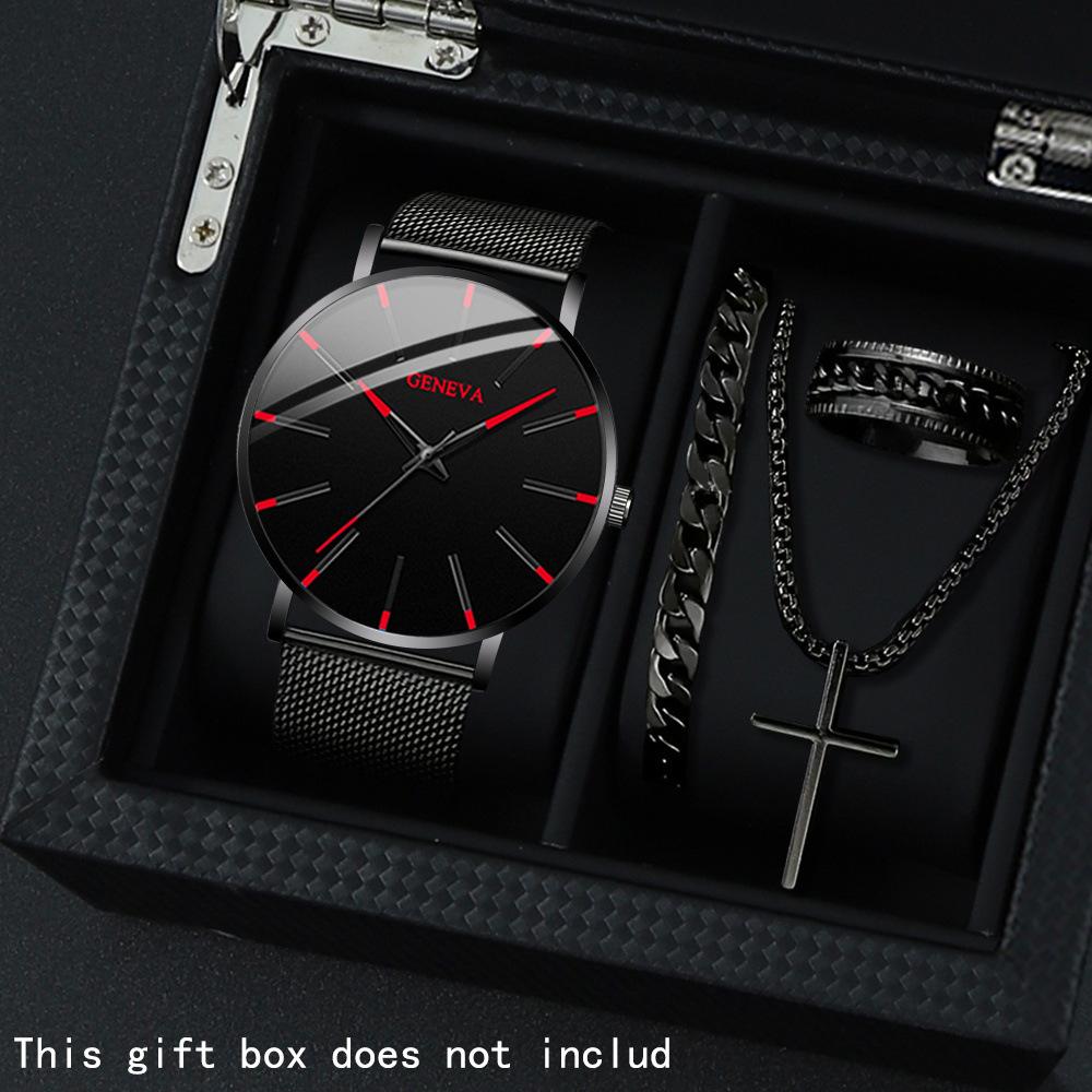 Geneva Watch 4-Piece Men S Watch Business Mesh Strap Necklace Bracelet Ring Quartz Watch