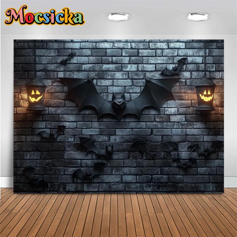 Mocsicka Halloween Photography Background Grey Brick Wall Bats Decorations Autumn Pumpkin Party Photo Backdrops Studio Wallpaper