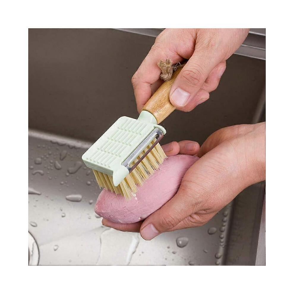 Vegetable Brush with Grater, Wooden Handle, Potato Brush with Peeler