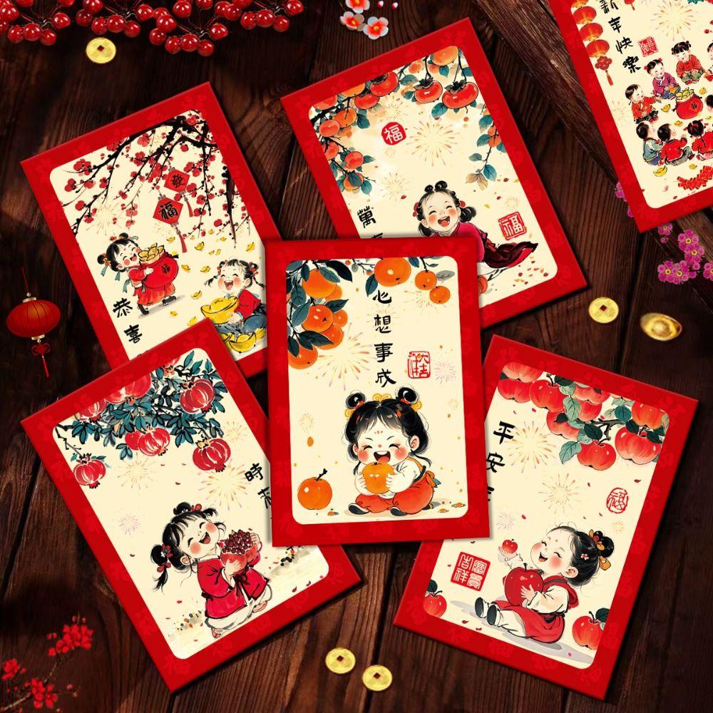 6pcs Oil Painting Style Chinese New Year Red Envelopes Traditional Red Pocket  Lunar New Year Gifts
