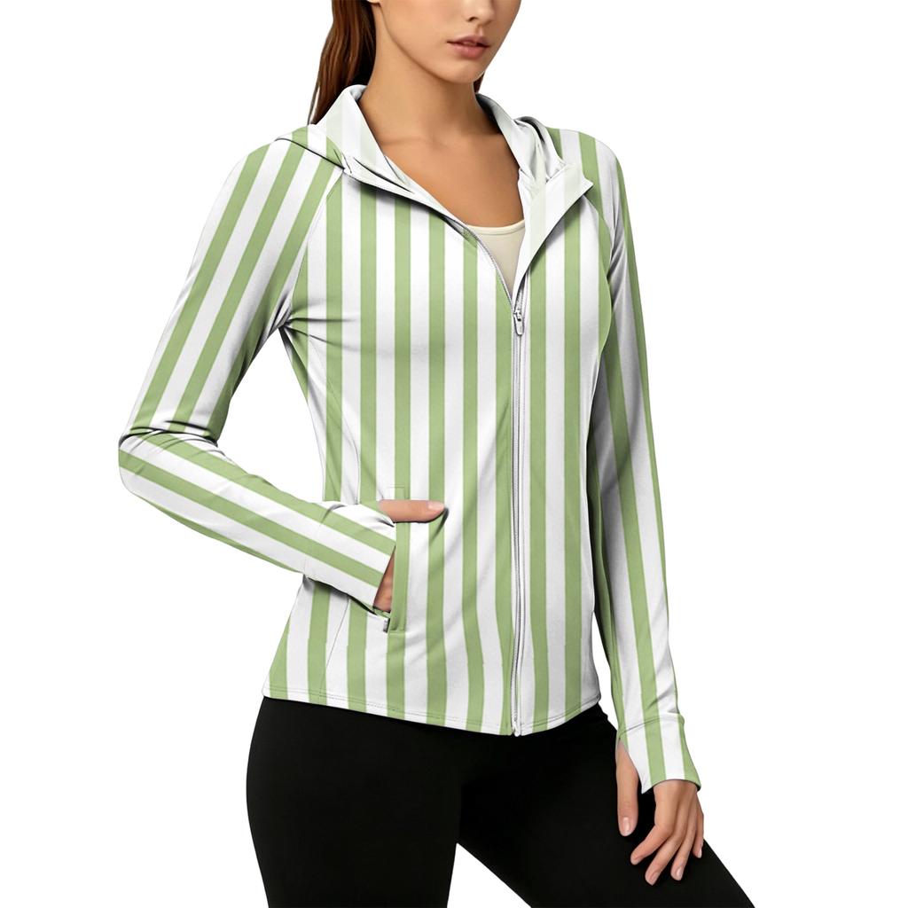 Women's Lightweight Zip Up Hoodie with Hood and Pockets Long Sleeve Striped Sun Protection Jacket for Outdoor Activities