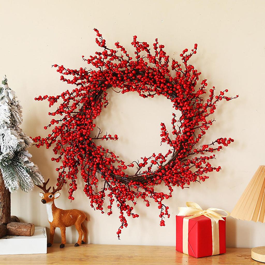 Christmas Wreath Realistic Decorative Decorated with Red Berries Artificial Wreath for Window House Festival Holiday Party
