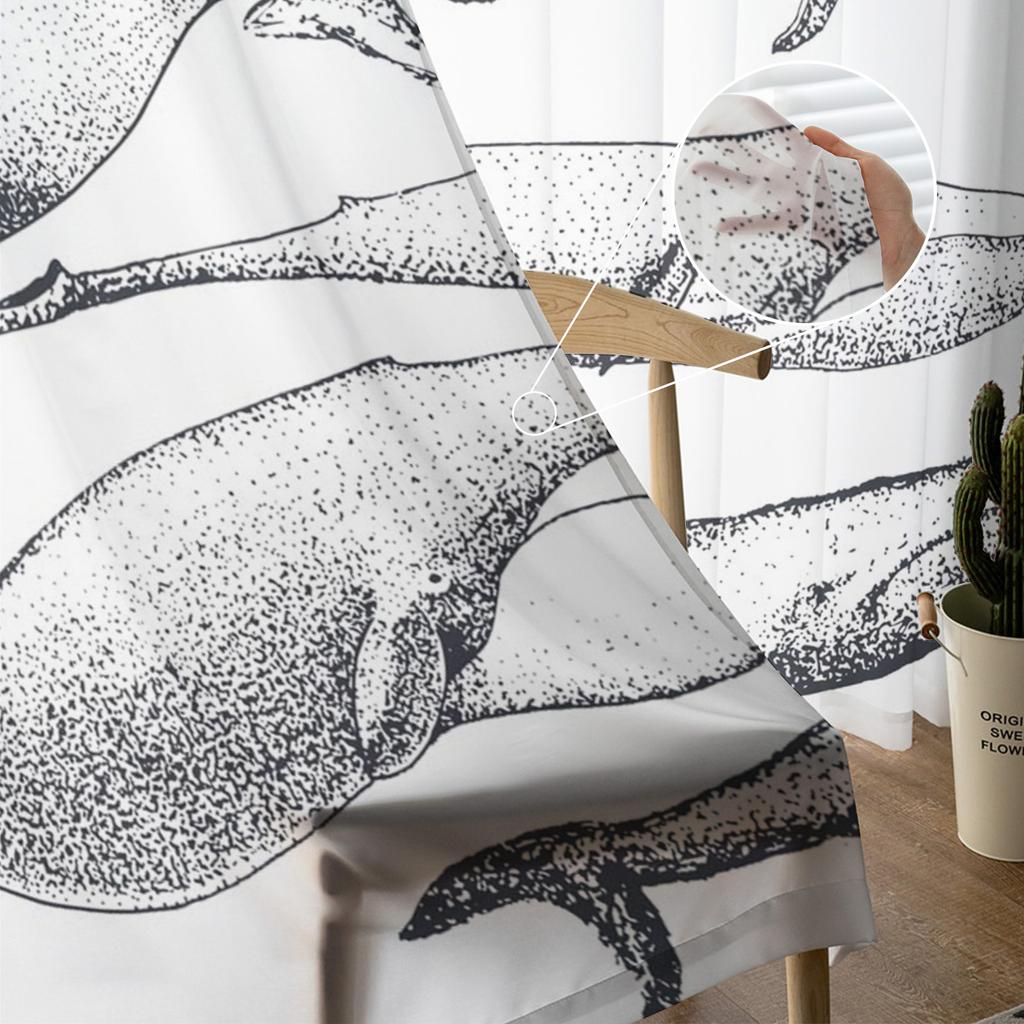 Whale Animal Illustration Tulle Curtains For Living Room Decoration Modern Chiffon Sheer Voile Kitchen Curtain