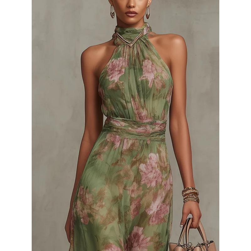 2026 new summer European and American women's clothing neck mesh sleeveless sexy elegant dress long dress