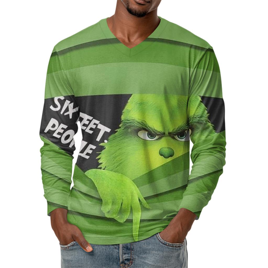 Men's Fashion Printed V-Neck Casual Long-Sleeved T-Shirt Bottoming Shirt Top