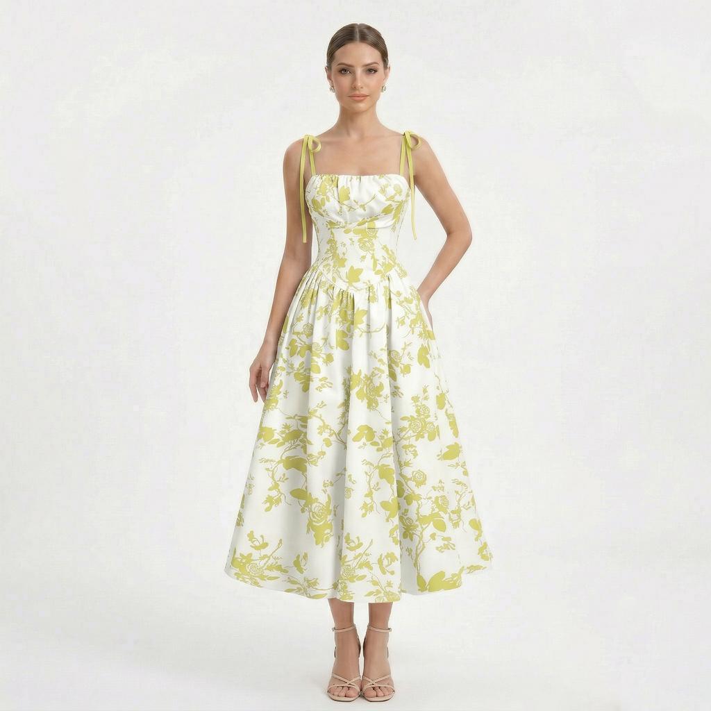 Vestido Corsé Bustier Floral para Mujer Tirantes de Lazo Fruncido Fluido Boho Largo Vestido de Sol