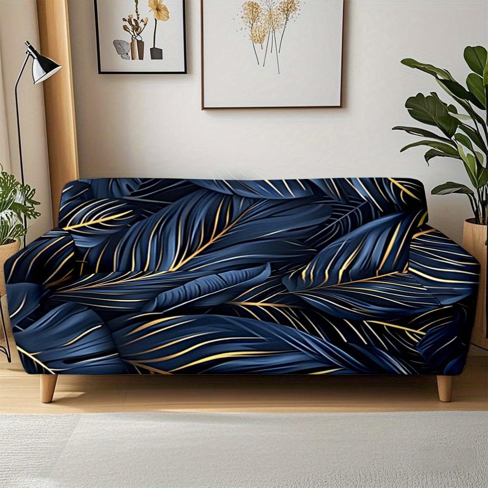 

1pc Luxury Navy Blue Gold Tropical Palm Leaf Print Stretch Sofa Cover, Removable Washable Couch Slipcover Single seat