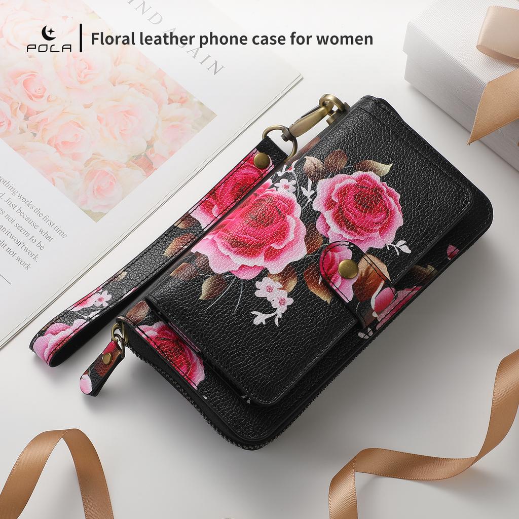 Integrated Phone Case Wallet and Case with Floral Design, Suitable for iPhone15, 15Pro, 15Pro Max, iPhone16, 16Pro, 16Pro Max