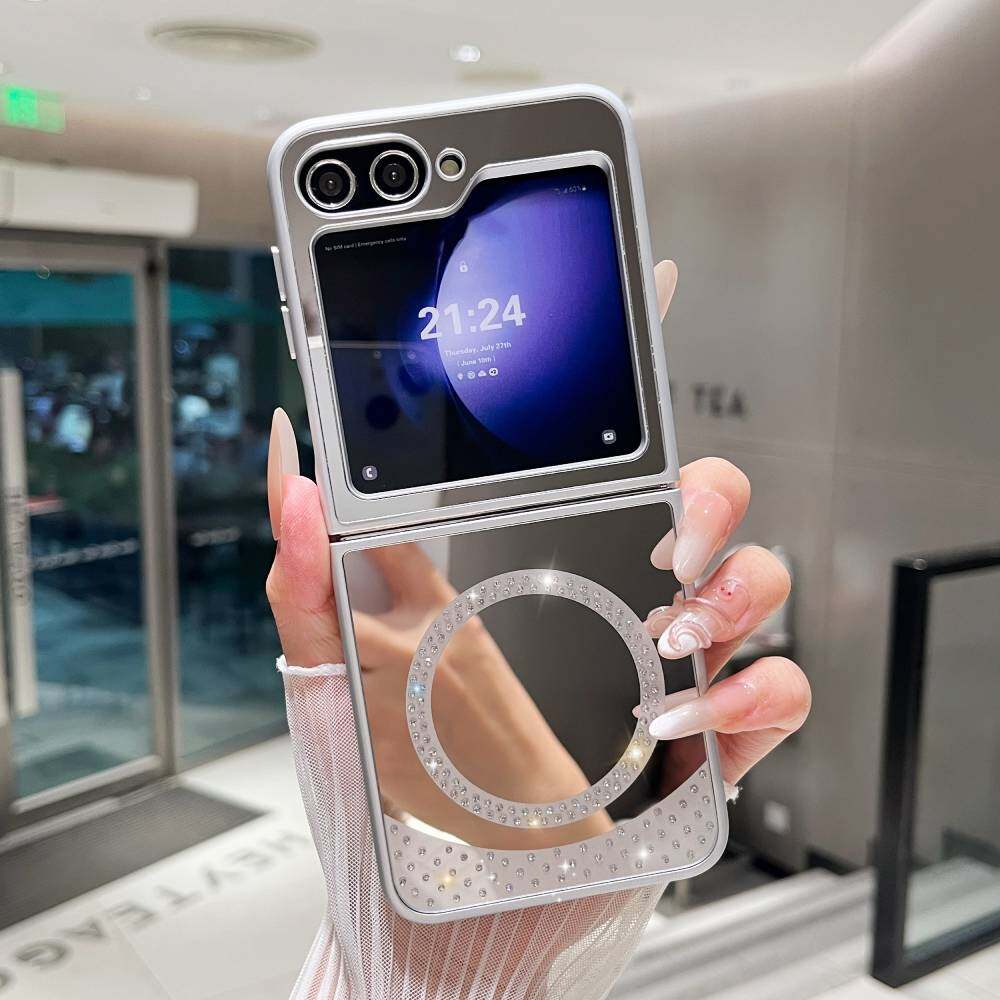 Zrcadlové pouzdro pro Samsung Galaxy Z Flip3/ Flip4/ Flip5/ Flip6 MagSafe magnetické bezdrátové nabíjení Módní make-up bonbónové barvy třpytky kryt na telefon