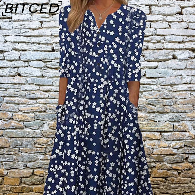 

BITCED Элегантные женские платья с V-образным вырезом, коротким рукавом, на пуговицах, вечернее платье, женское летнее винтажное платье с принтом, повседневные свободные цветочные женские платья XXXL