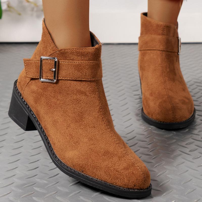 Large Size Thick Heel Martin Boots Women's Autumn and Winter New Decorative Buckle Strap Trendy Suede Thin Short Boots