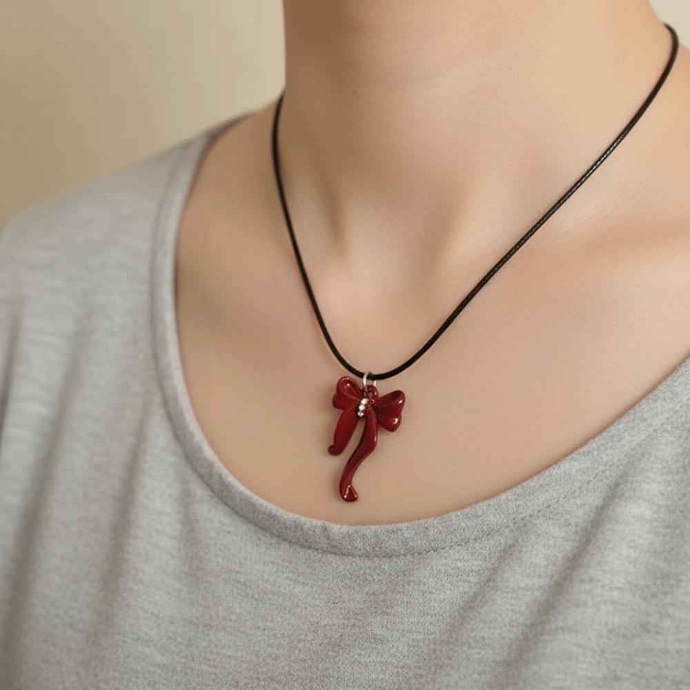 Cool Bowknot Pendant Necklace Sweet Clavicle Chain Creative Leather Rope Necklace  Y2K Party