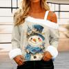 Women's Casual Fashion Sexy Off-Shoulder Collar Christmas Pattern Long Sleeve Crewneck T-Shirt Top