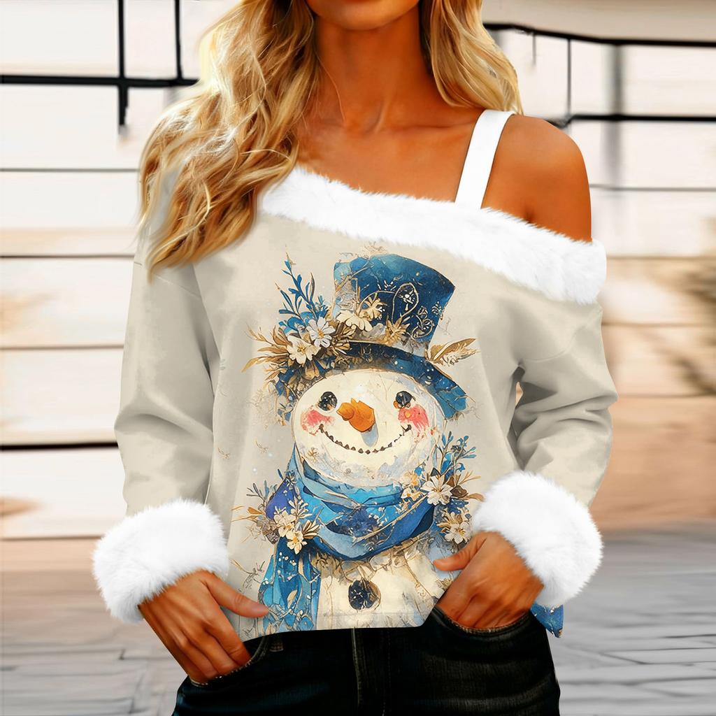 Women's Casual Fashion Sexy Off-Shoulder Collar Christmas Pattern Long Sleeve Crewneck T-Shirt Top