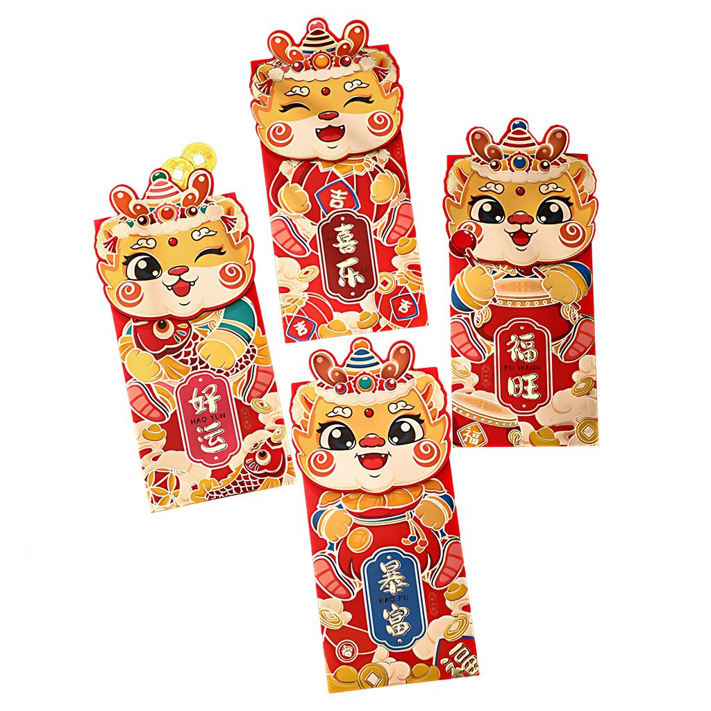 4x Red Chinese New Year Lucky Money Bag Traditional Blessings 2024 Dragon Year Essentials