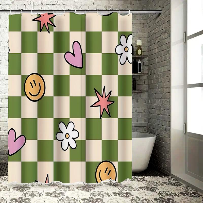 Stylish Green and Beige Checkered Shower Curtain with Cute Patterns for Your Home Bathroom DecorationWaterproof PolyesterFabric