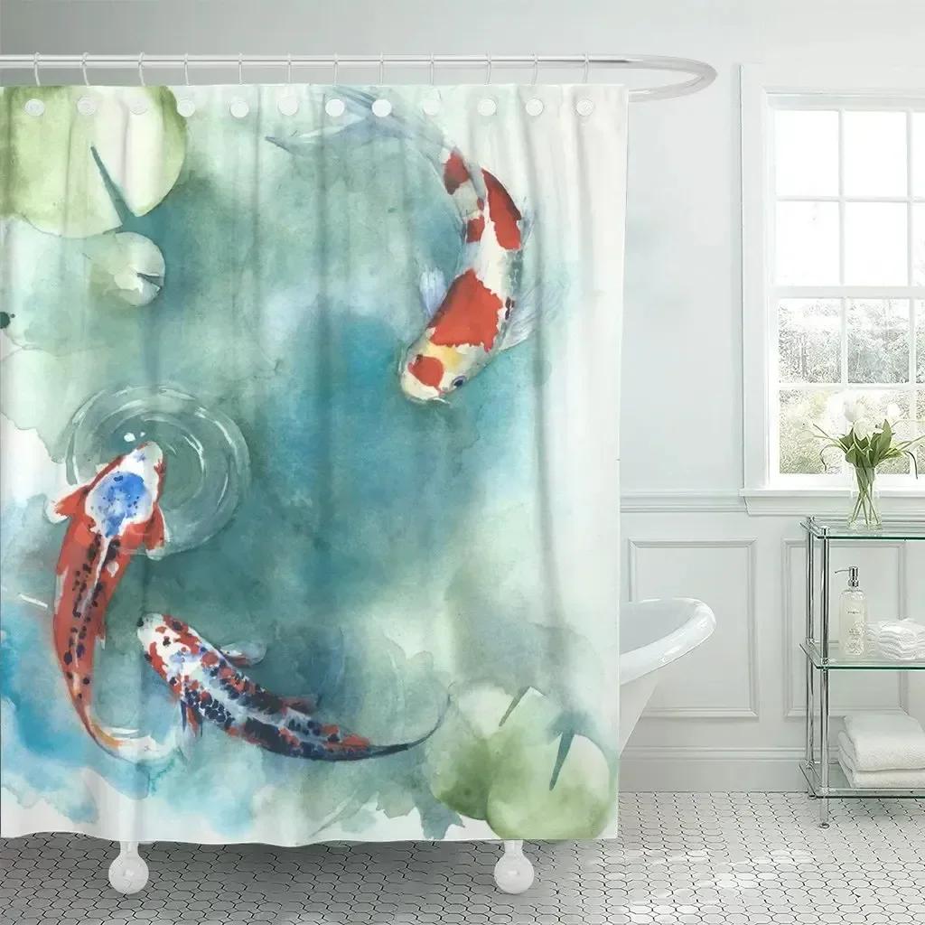 Japanese-style Shower Curtain Koi Fish Landscape Polyester Fabric Bathtub Curtain Bathroom Decoration a Variety of Optional
