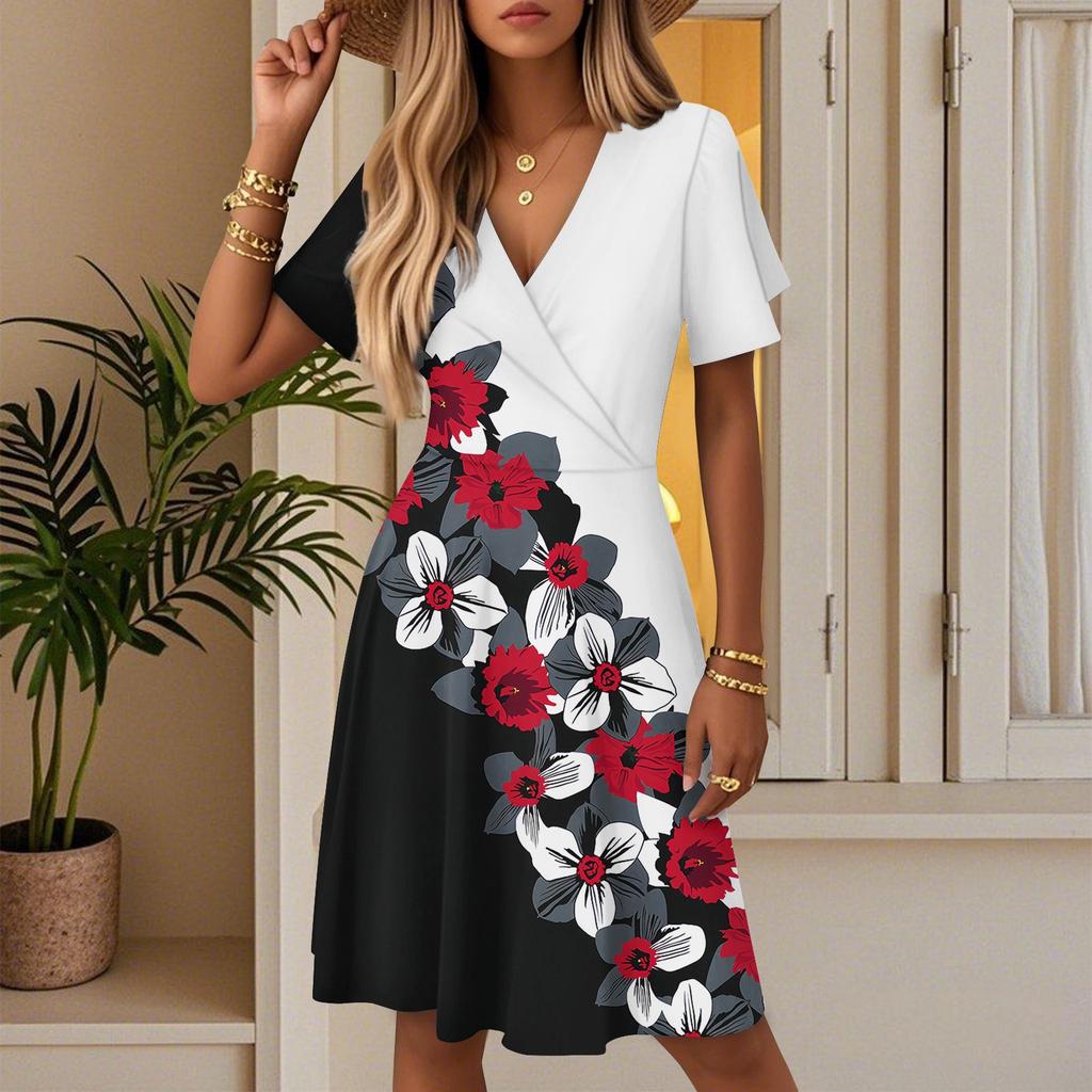 Women's Summer Classic Print Dress Casual Beach A-line V-neck Loose Sundress