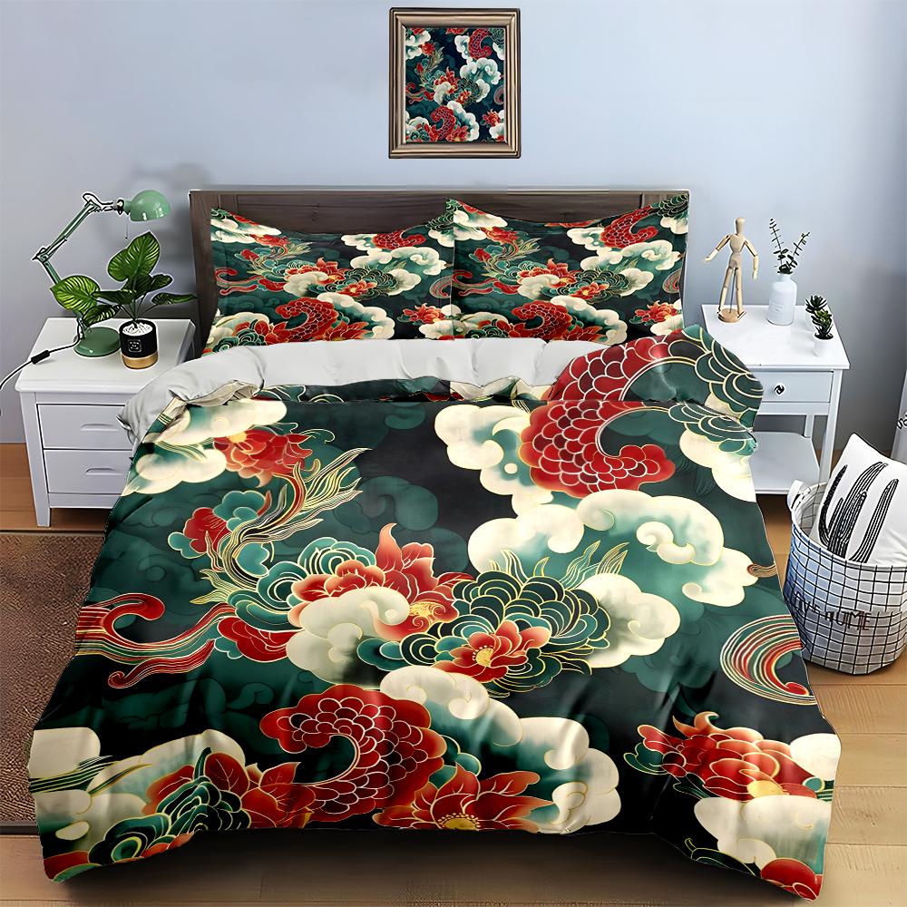 Dragon-themed floral. Bedding Duvet cover sets Duvet covers Pillowcases gifts (1 * Duvet Cover 2 * Pillowcases, without duvet insert)