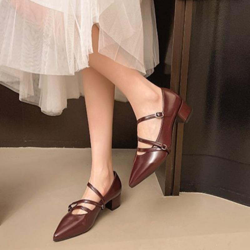 Square Heel Shoes Summer New Pointed Head Shallow Mouth Cross Thin Belt Metal Buckle Anti-slip Wear-resistant Heel Shoes