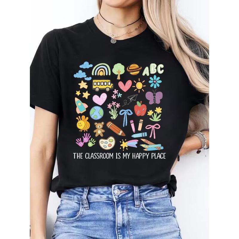 

Women s Spanish Alphabet & ABCs Print T-Shirt - Lavender Short Sleeve Round Neck Casual Top with Spanish Teacher Design, Learning Aid, S чёрный