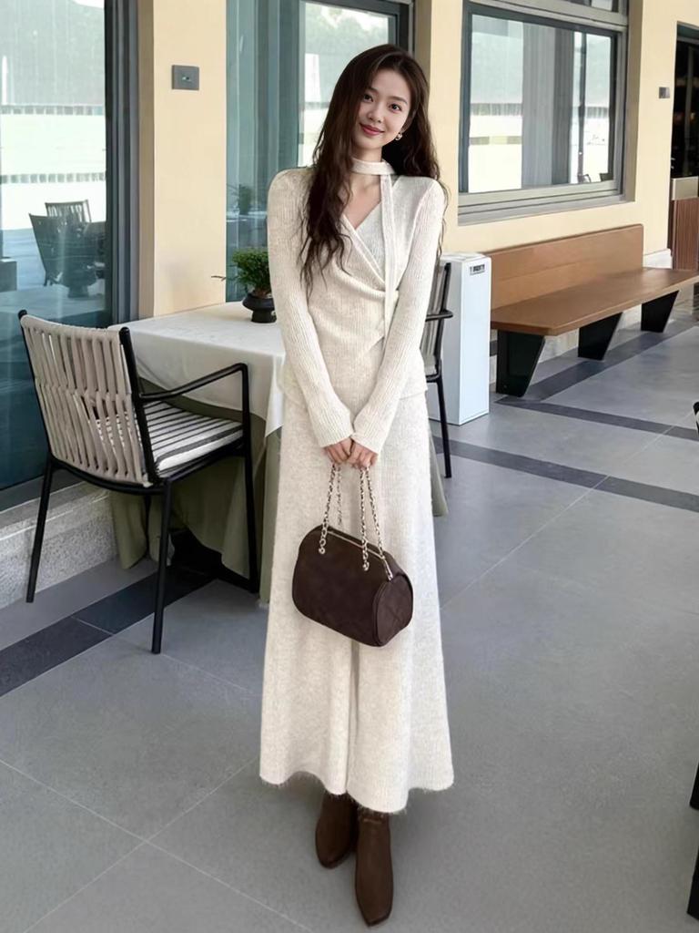Elegant French Style Irregular Sweater Skirt Set for Women - Autumn/Winter Waist-Cinching Three-Piece Ensemble