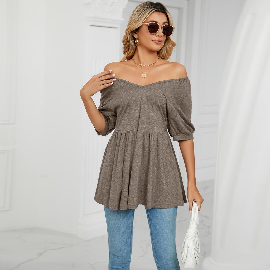 GMXIA Women's Fashion Casual Solid Color Print Short Sleeve V Neck Blouses & Shirts